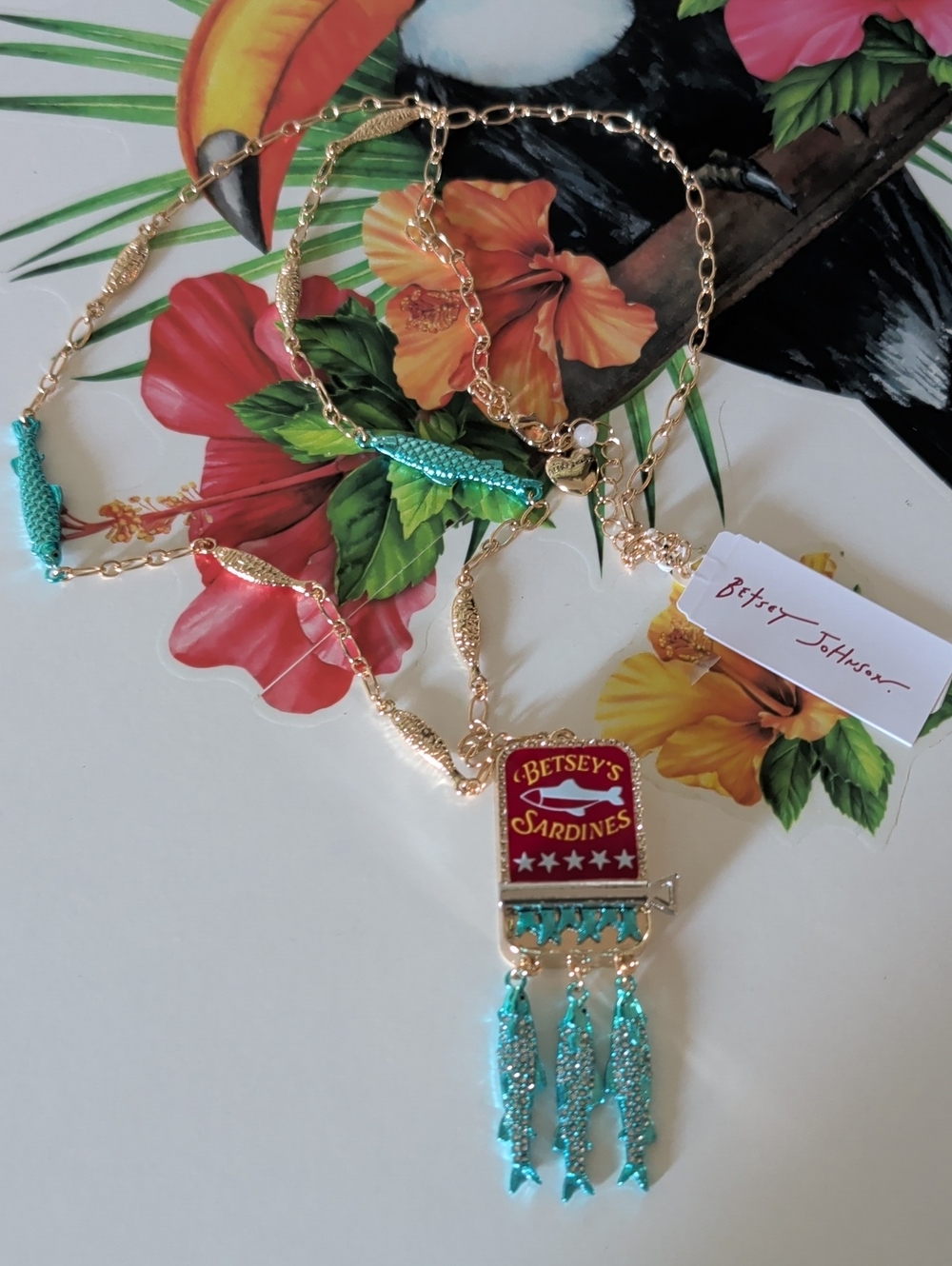 Betsey Johnson Gold-Tone Necklace with Turquoise Enamel Sardine Charms